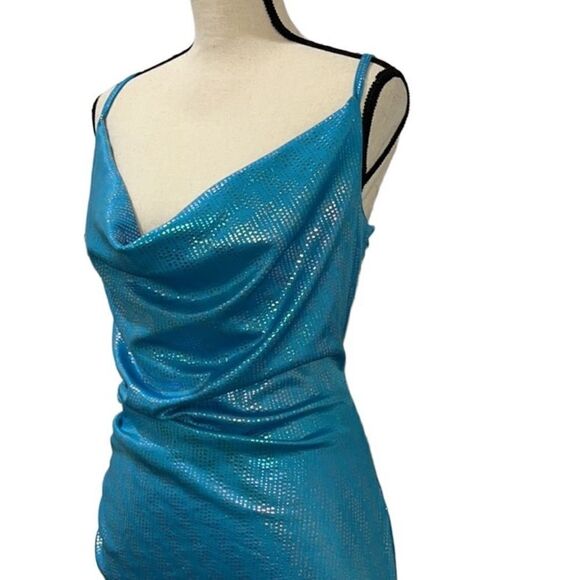 FTF Crowl Neck Ruched Iridescent Asymmetrical Dress - Picture 5 of 15
